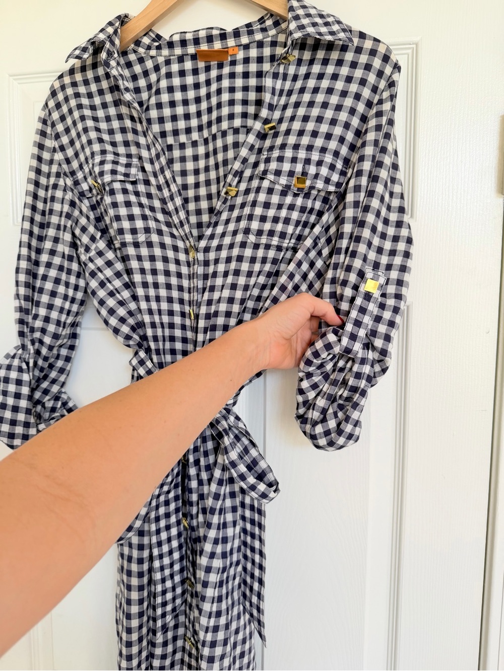 Tory Burch Navy & White Gingham Checker Tie Waist Shirt Dress Size 8 - Picture 3 of 5